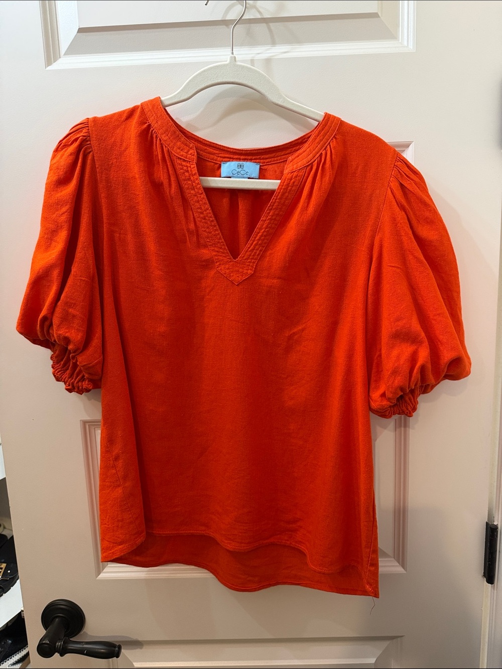 CeCe Bright Orange V-Neck Puff-Sleeve Blouse
